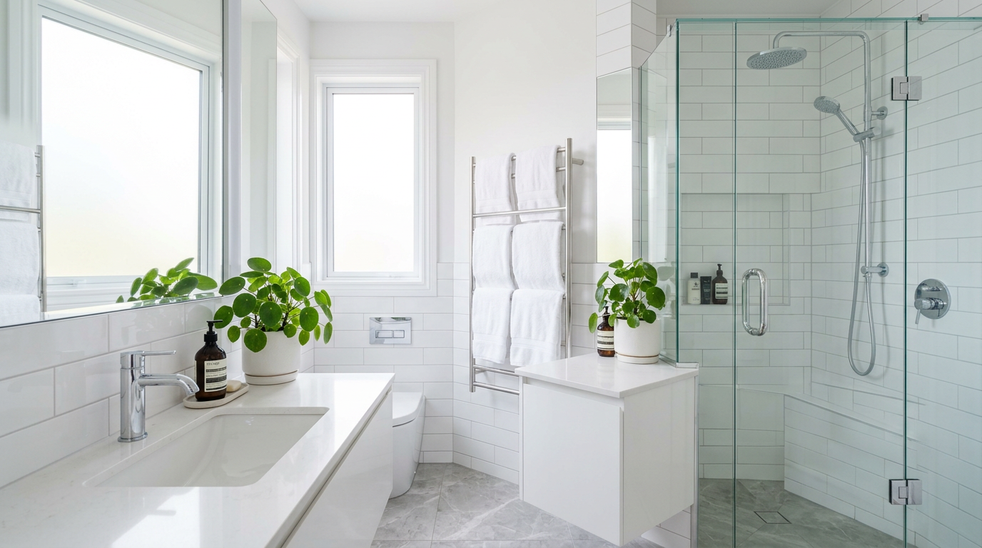 Spotless modern bathroom with white subway tile and plants