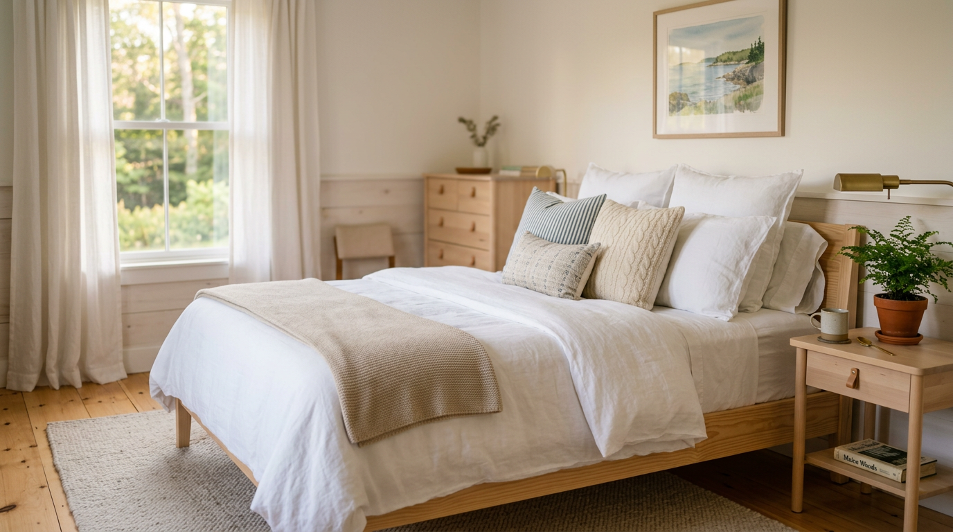 Freshly made bedroom with crisp white bedding in a Maine home