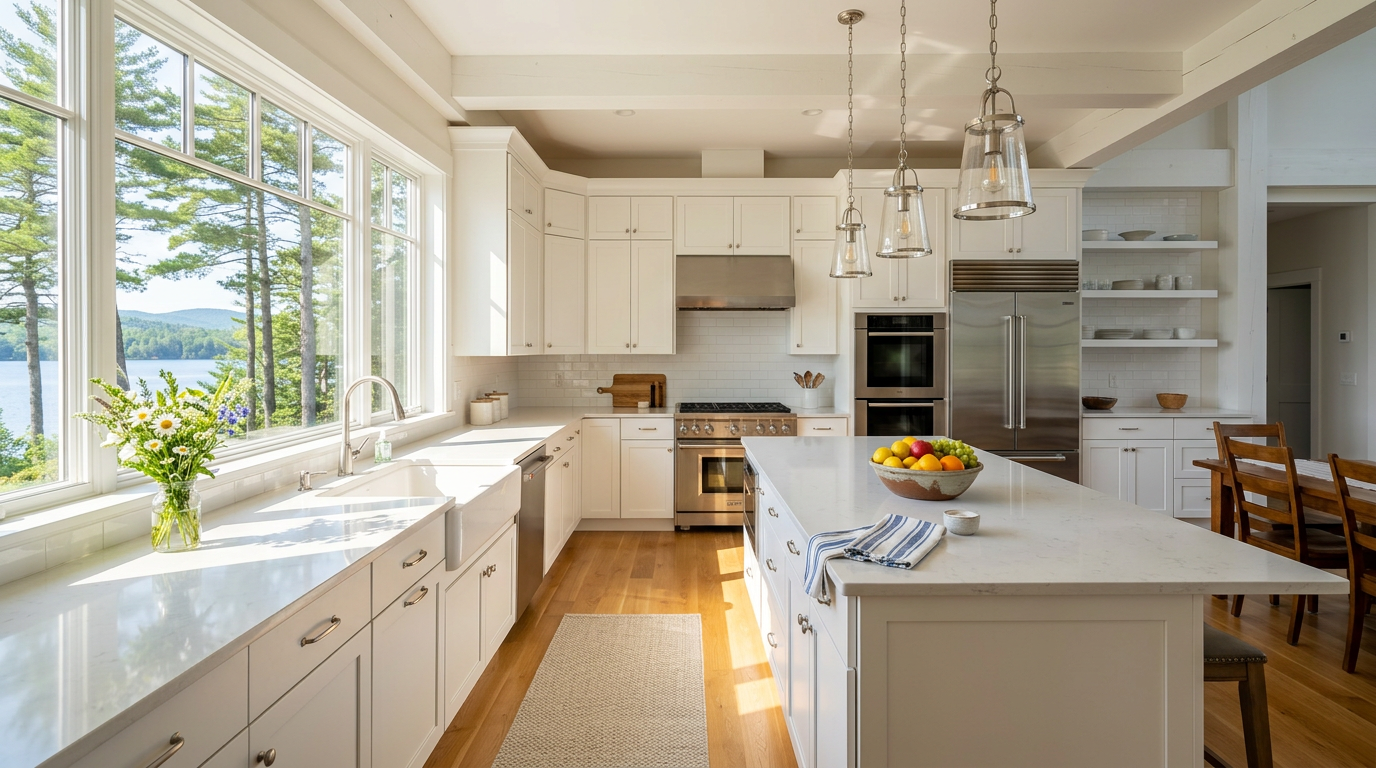Sparkling clean white kitchen with quartz countertops in a Maine home