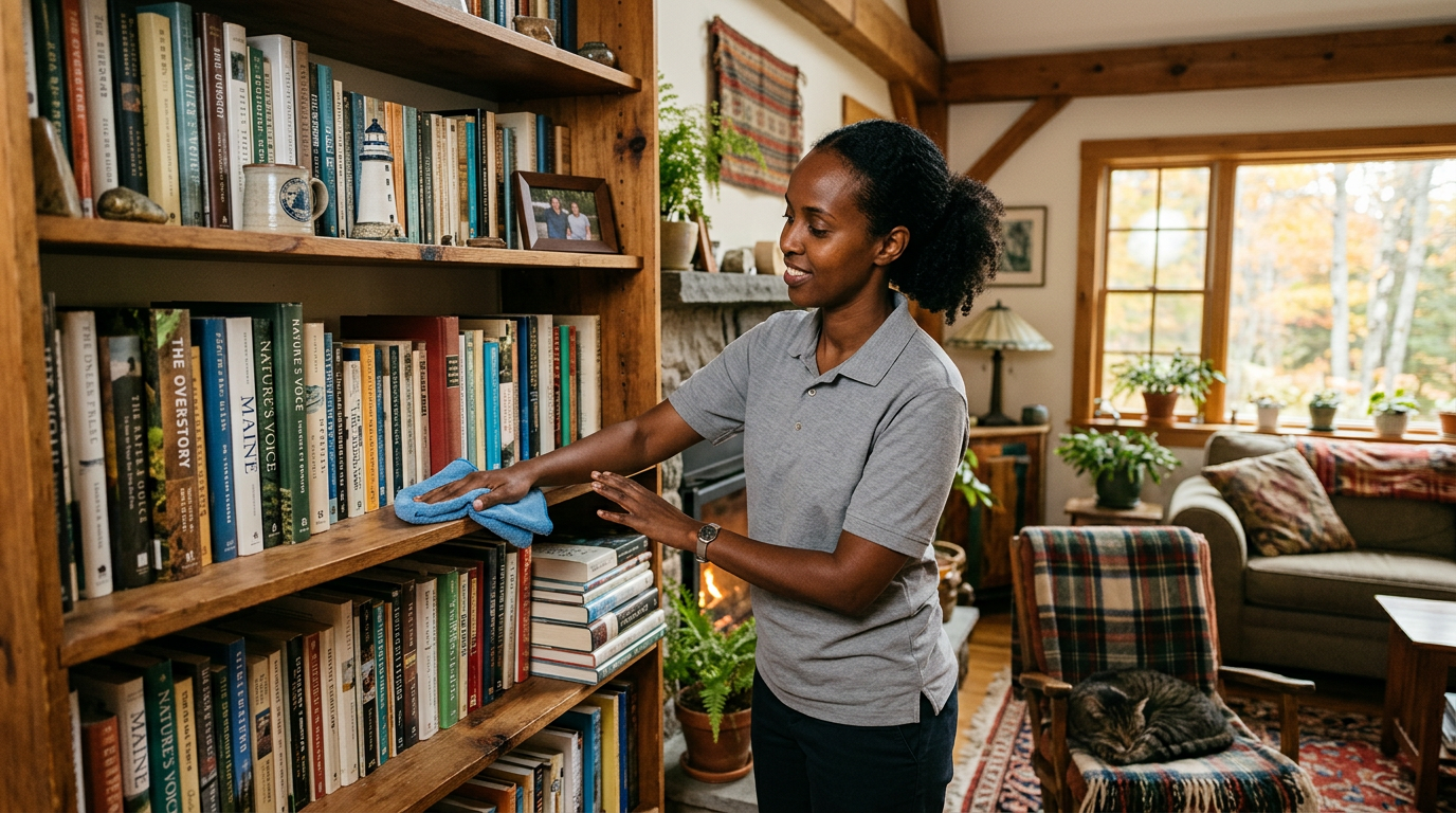 Professional cleaner with deep brown skin and uncovered hair dusting a shelf in a cozy Maine home
