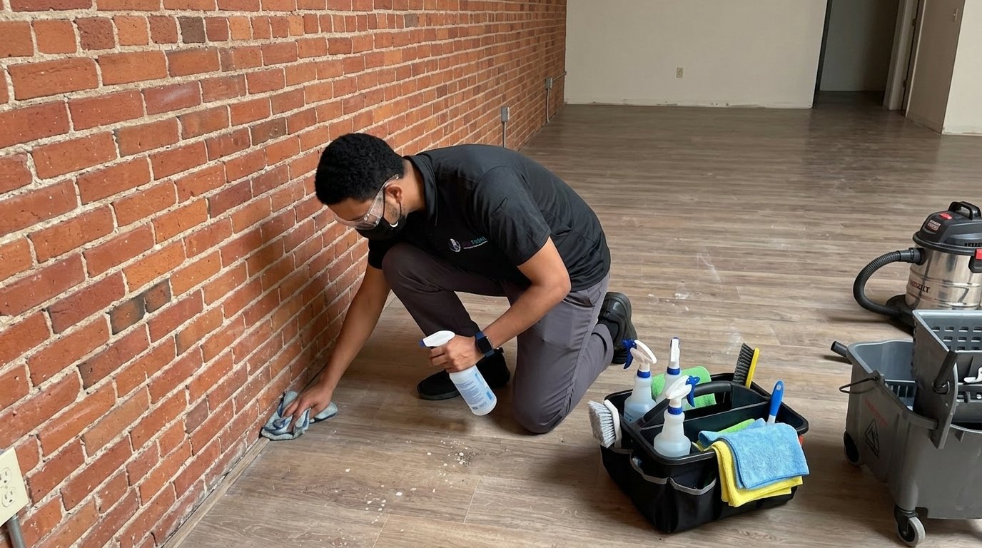 SyFaPoint cleaner wiping baseboards along a brick wall