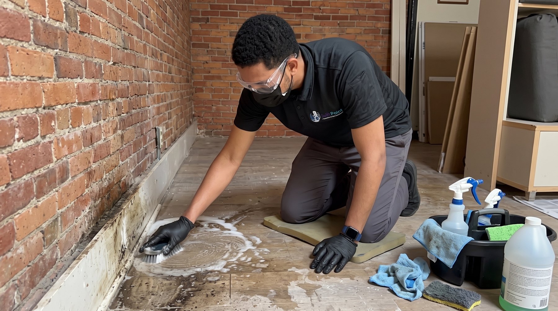 SyFaPoint cleaner scrubbing a floor along a brick wall during a deep clean