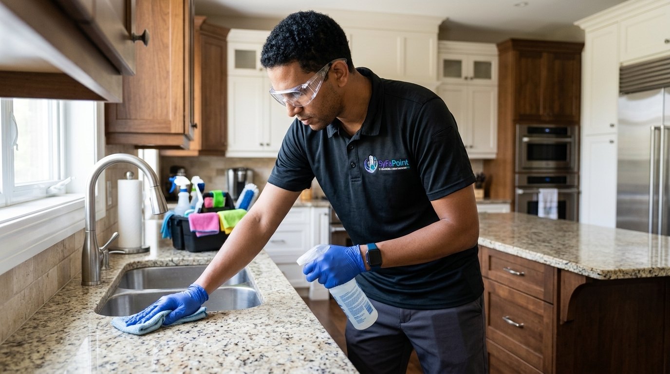SyFaPoint cleaner wiping a granite kitchen countertop