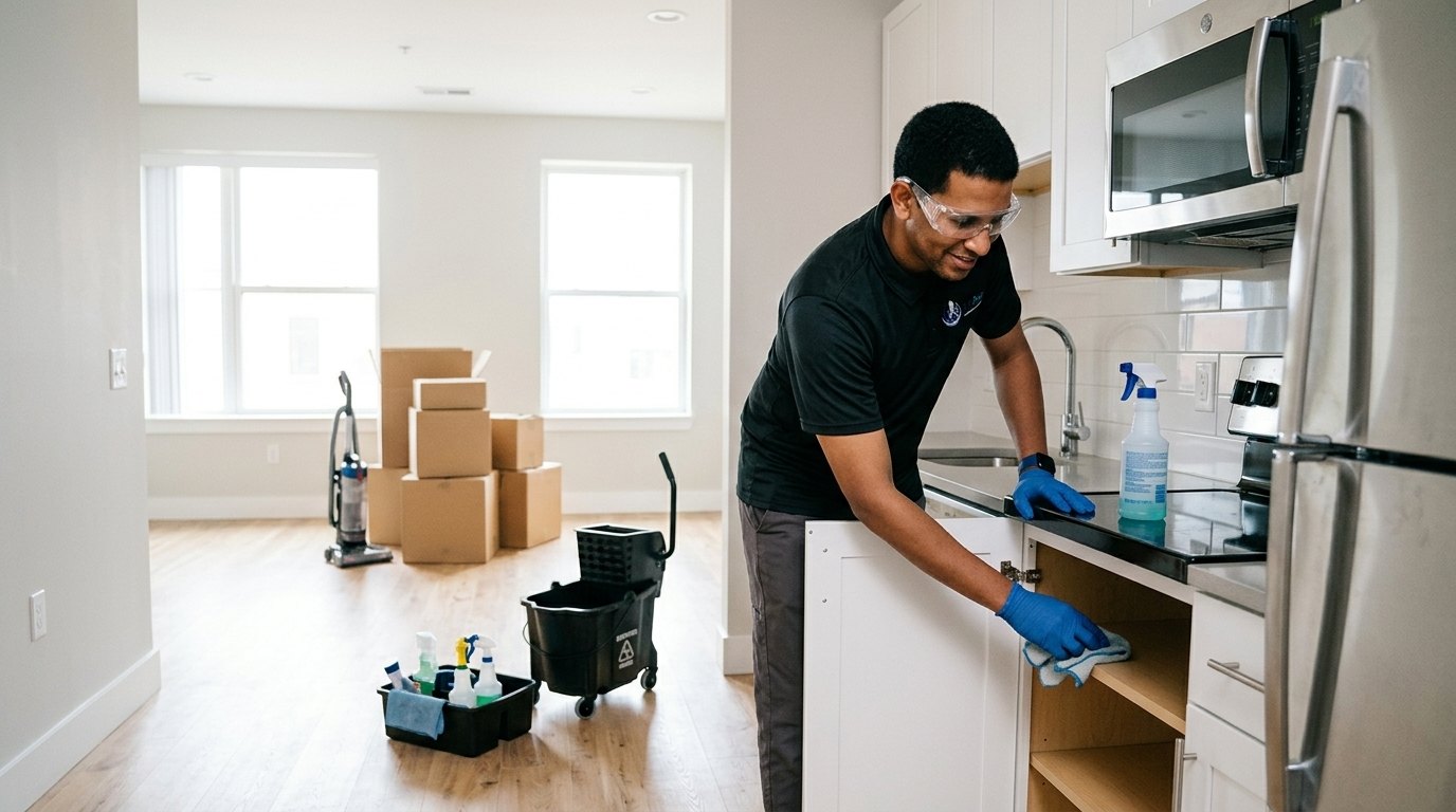 SyFaPoint cleaner wiping kitchen cabinets in an empty home for a move-out clean