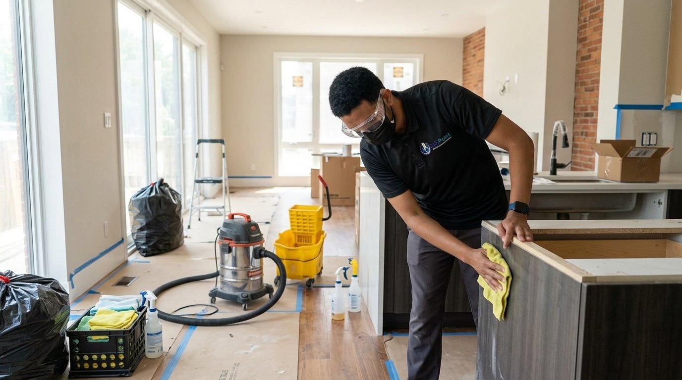 SyFaPoint cleaner wiping a new kitchen island after a renovation