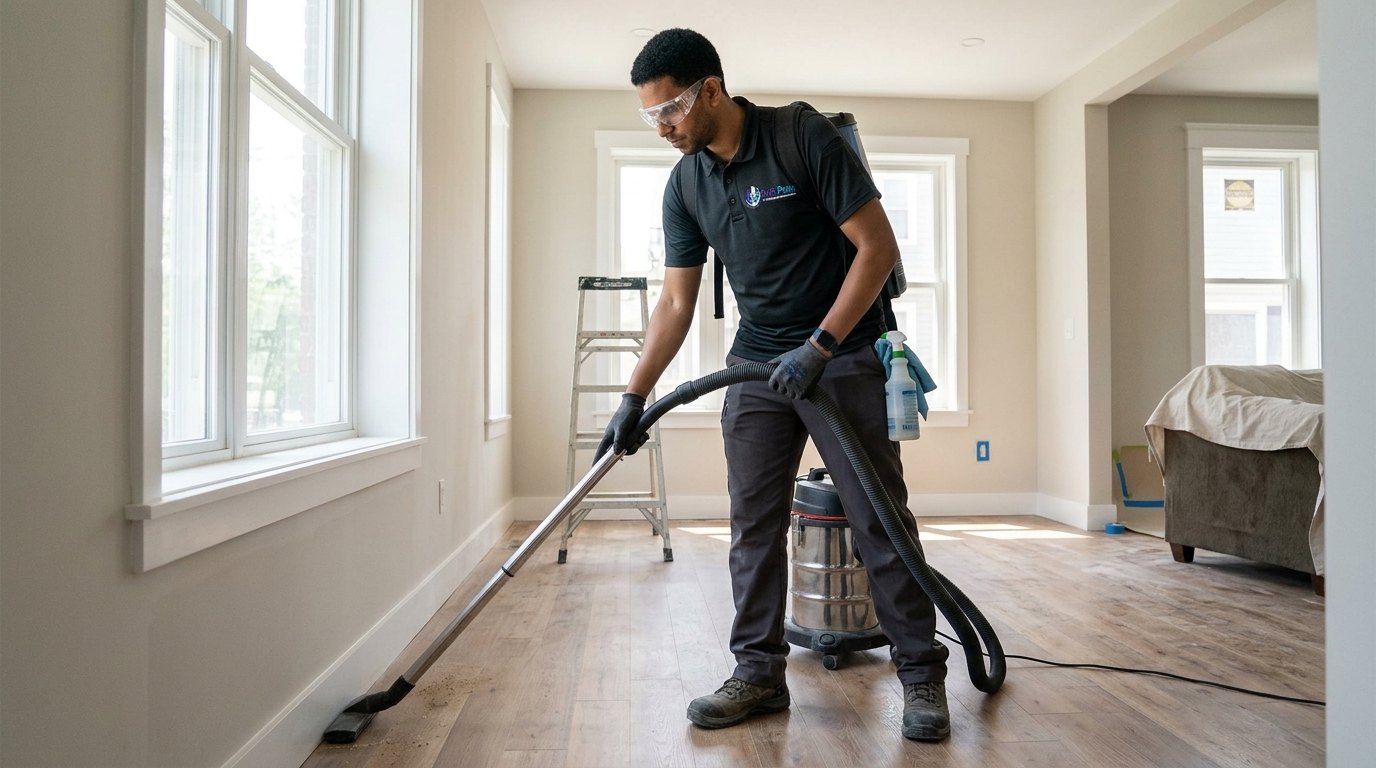 SyFaPoint cleaner vacuuming construction dust in a renovated room