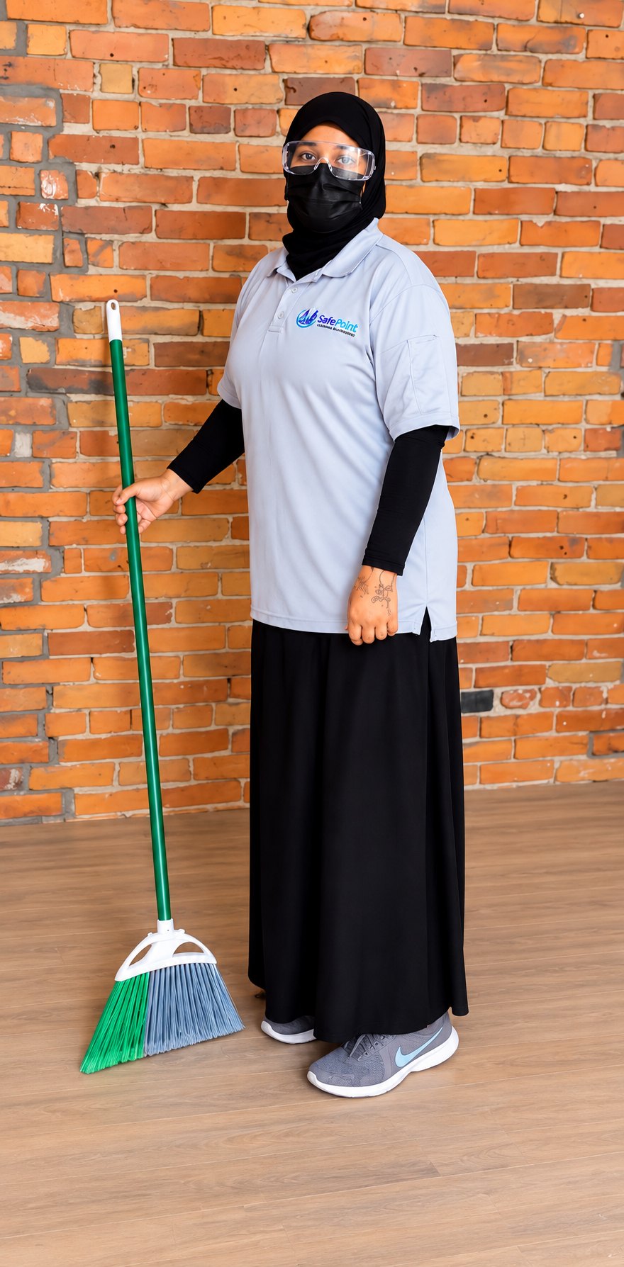 SyFaPoint team member in uniform with a broom